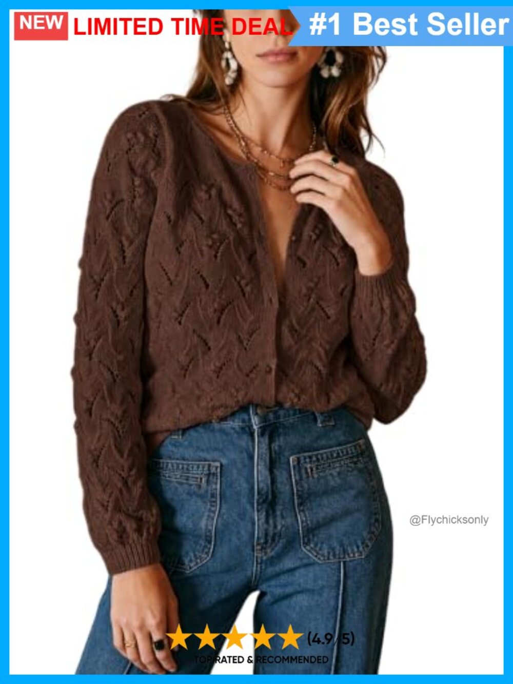 Womens Crochet Knit Button Down Cardigan Lantern Sleeve